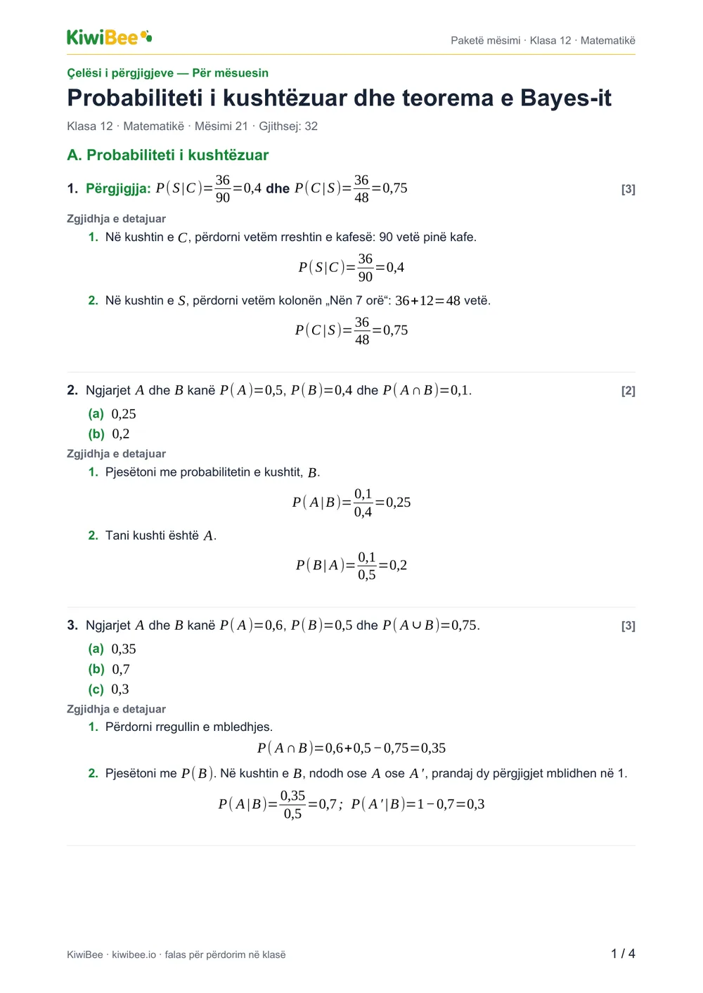 Probabiliteti i kushtëzuar dhe teorema e Bayes-it — Çelësi i përgjigjeve, faqja 1