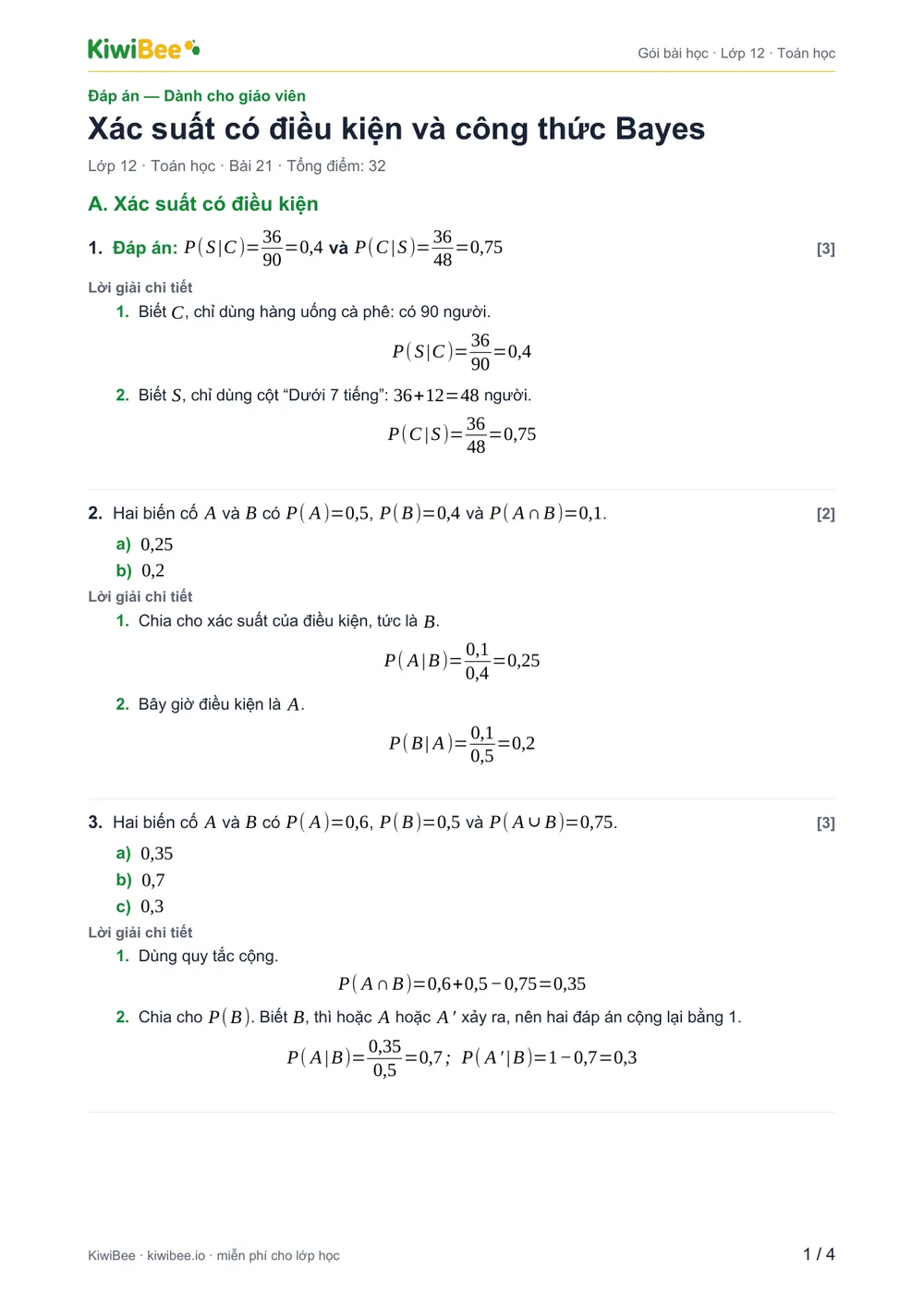 Xác suất có điều kiện và công thức Bayes — Đáp án, trang 1