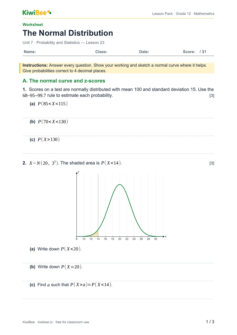 The Normal Distribution — Worksheet, page 1