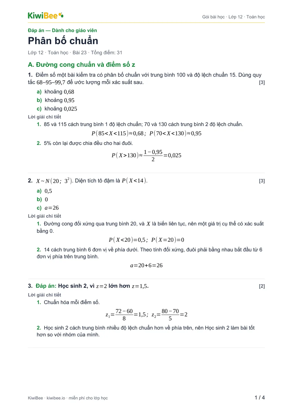 Phân bố chuẩn — Đáp án, trang 1