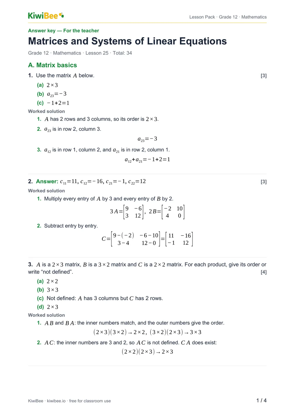 Matrices and Systems of Linear Equations — Answer key, page 1
