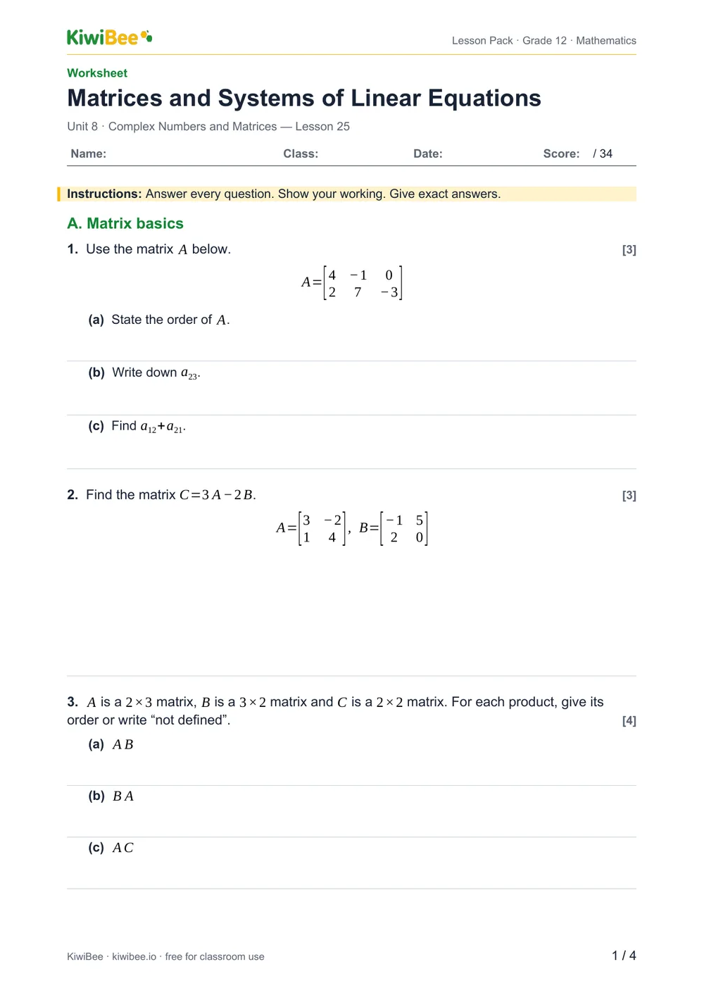 Matrices and Systems of Linear Equations — Worksheet, page 1