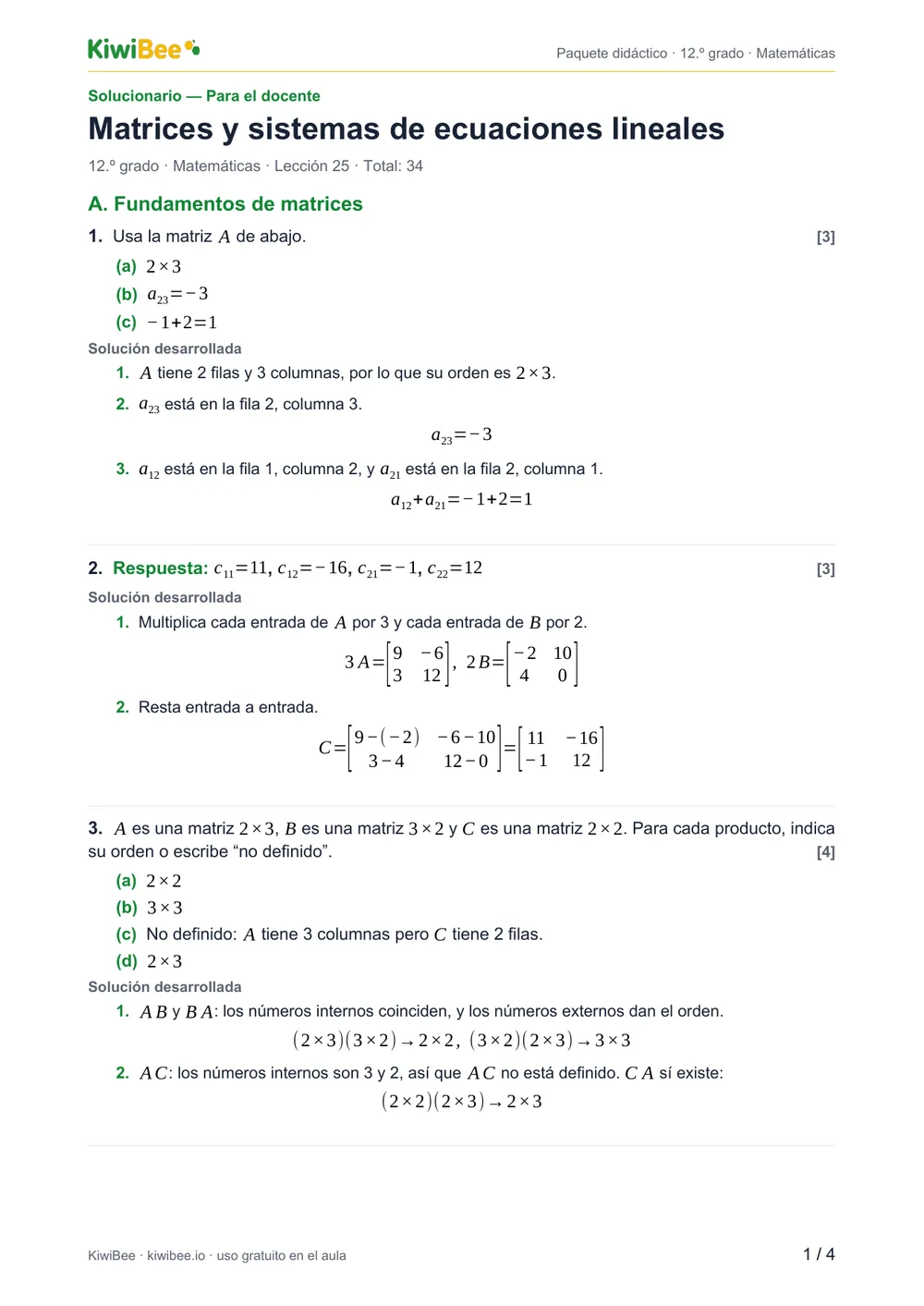 Matrices y sistemas de ecuaciones lineales — Solucionario, página 1
