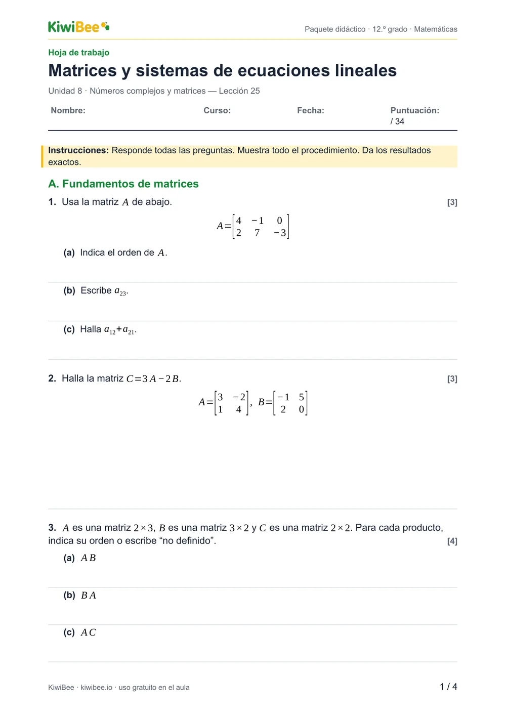 Matrices y sistemas de ecuaciones lineales — Hoja de trabajo, página 1