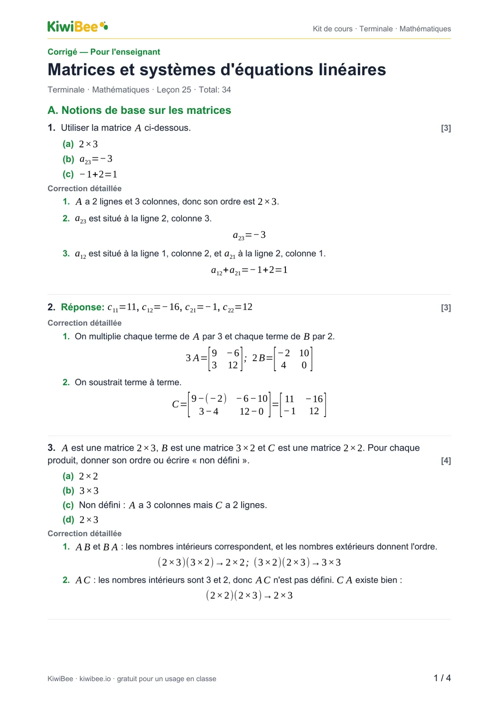 Matrices et systèmes d'équations linéaires — Corrigé, page 1