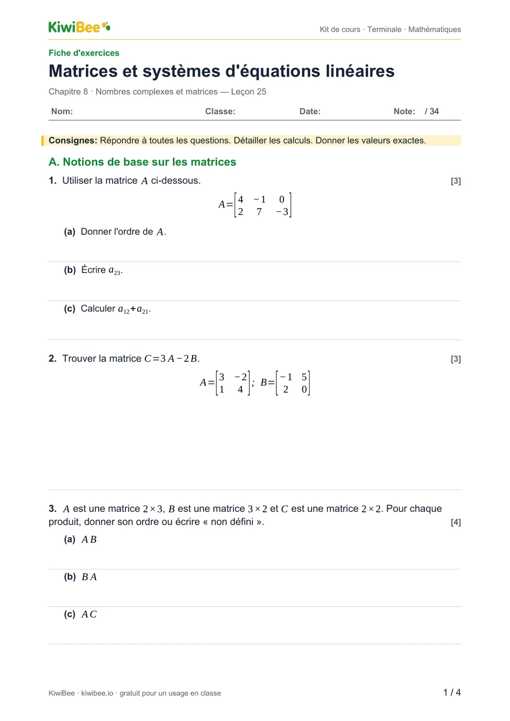 Matrices et systèmes d'équations linéaires — Fiche d'exercices, page 1