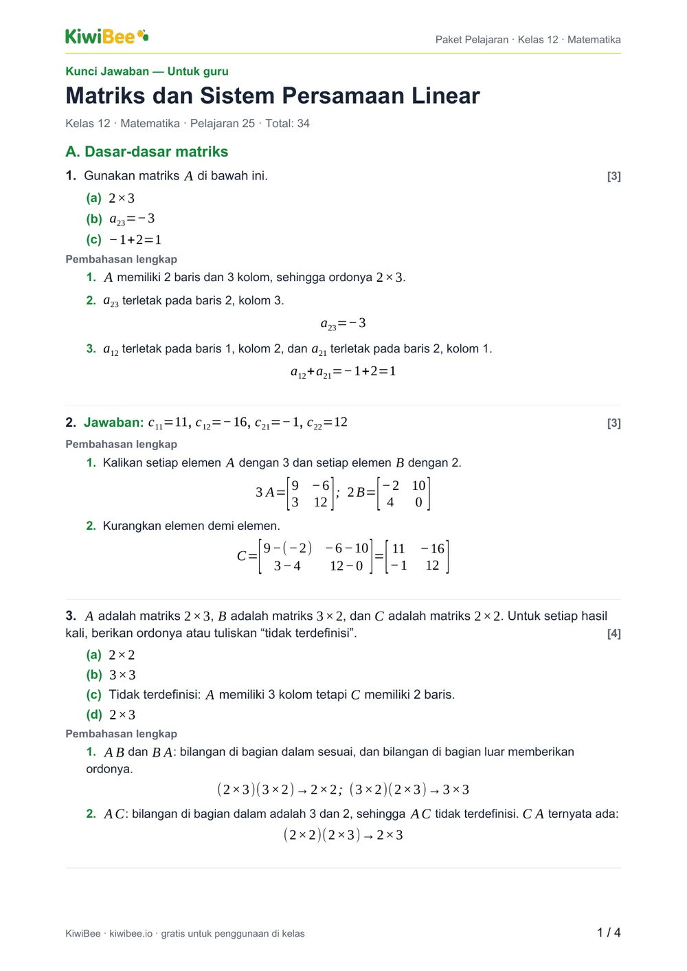 Matriks dan Sistem Persamaan Linear — Kunci jawaban, halaman 1