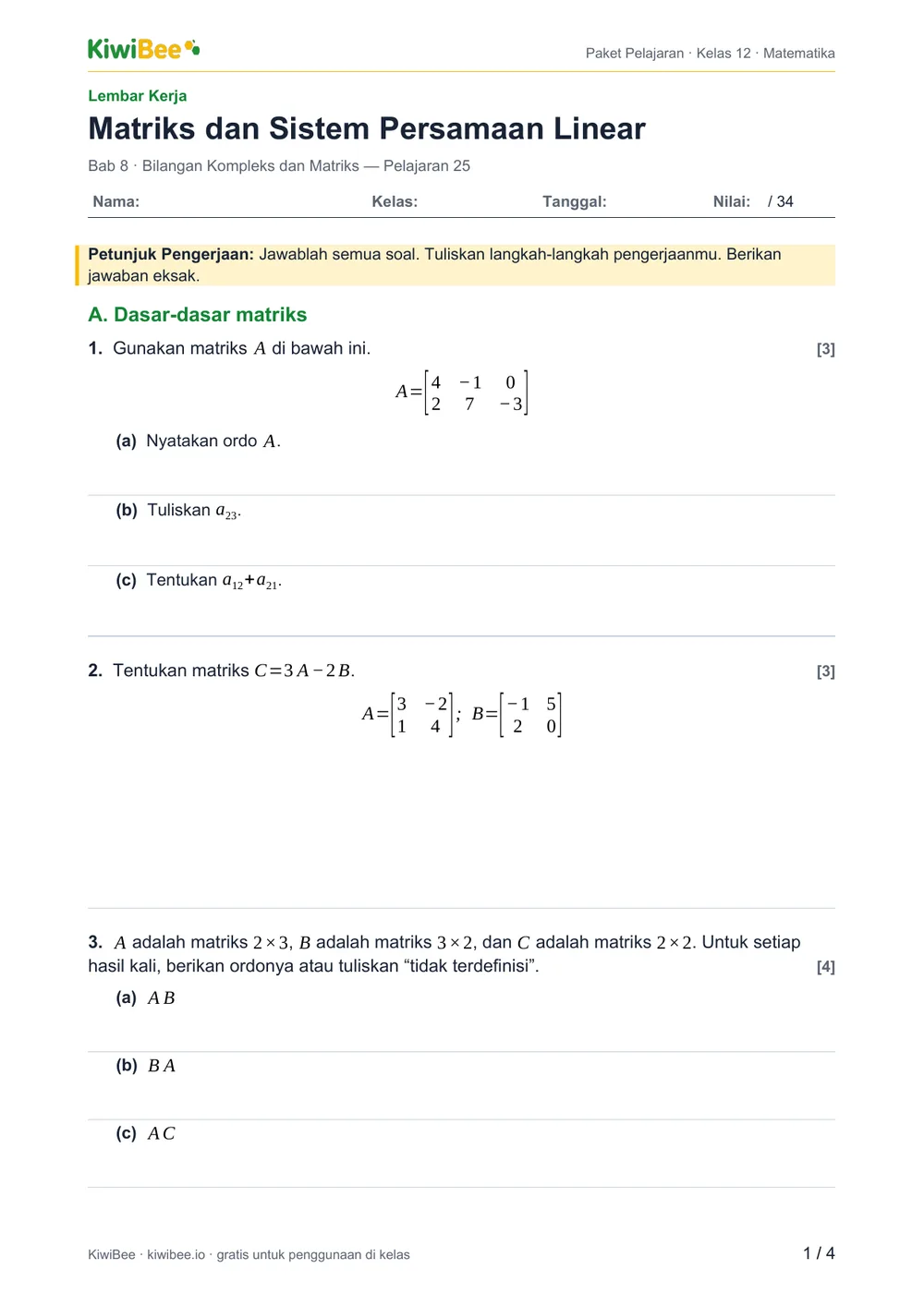 Matriks dan Sistem Persamaan Linear — Lembar kerja, halaman 1