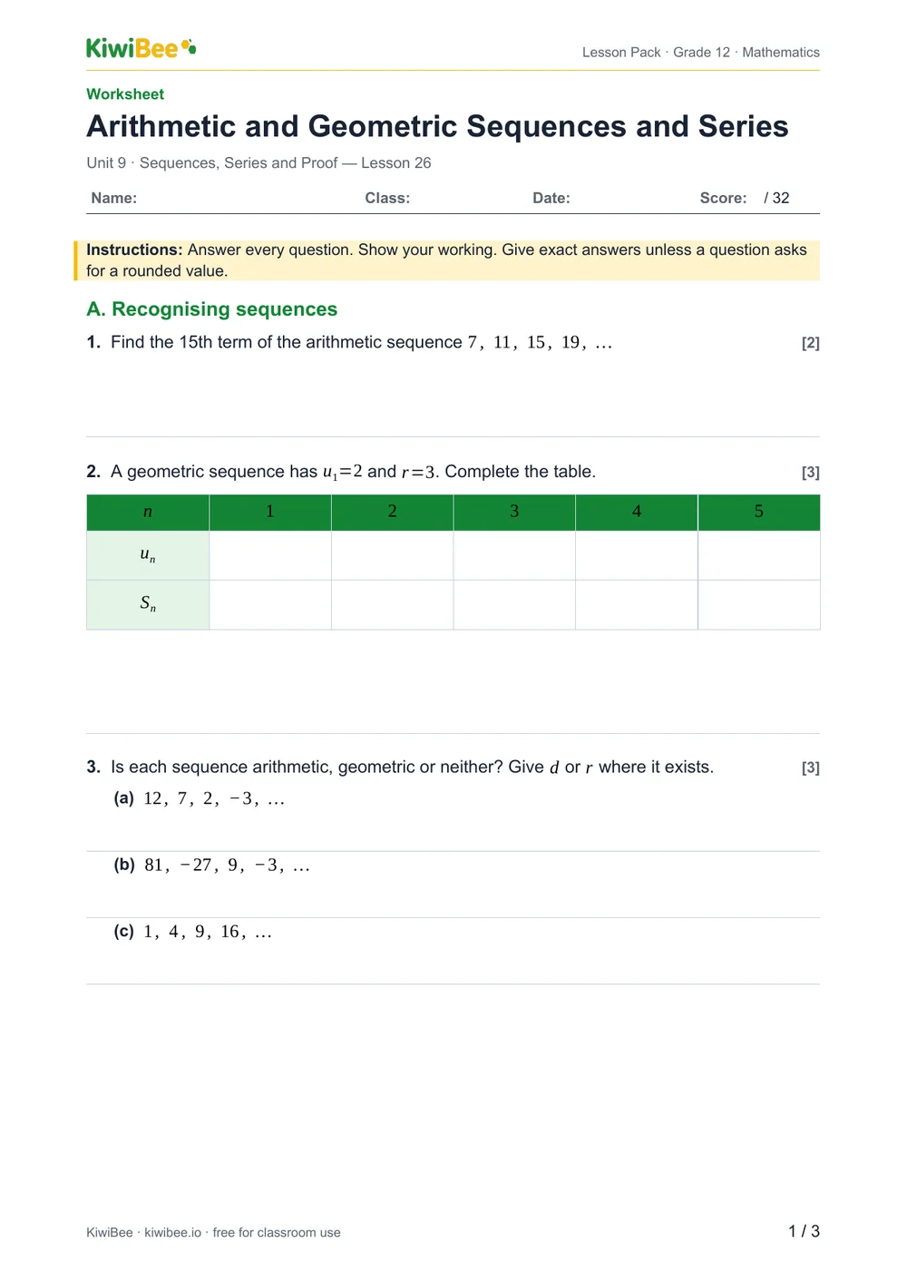 Arithmetic and Geometric Sequences and Series — Worksheet, page 1
