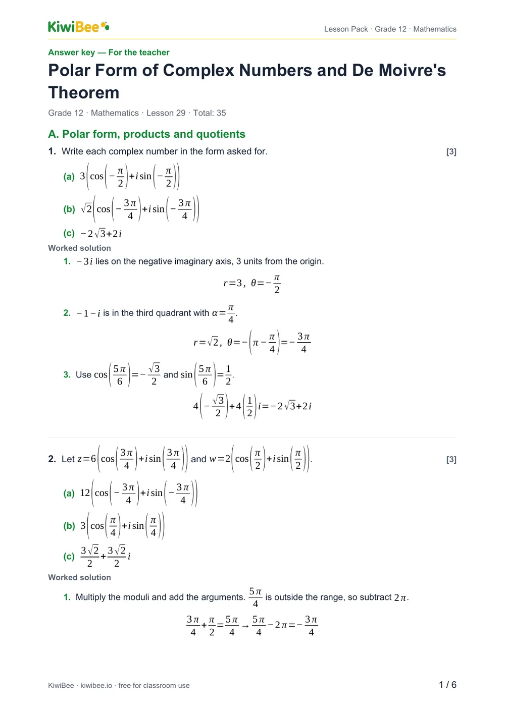 Polar Form of Complex Numbers and De Moivre's Theorem — Answer key, page 1