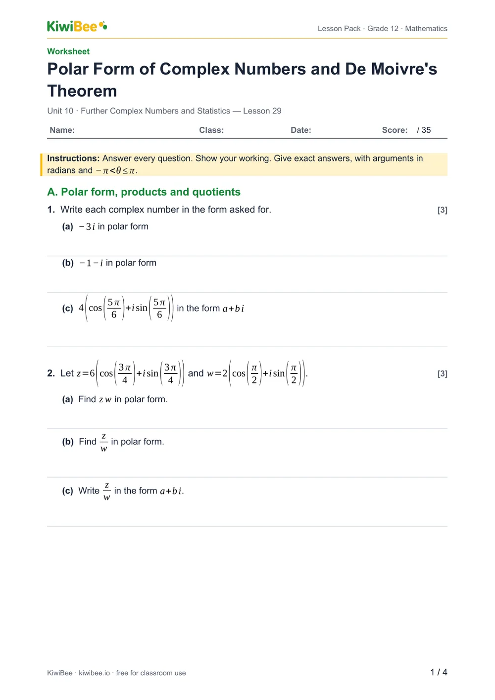 Polar Form of Complex Numbers and De Moivre's Theorem — Worksheet, page 1