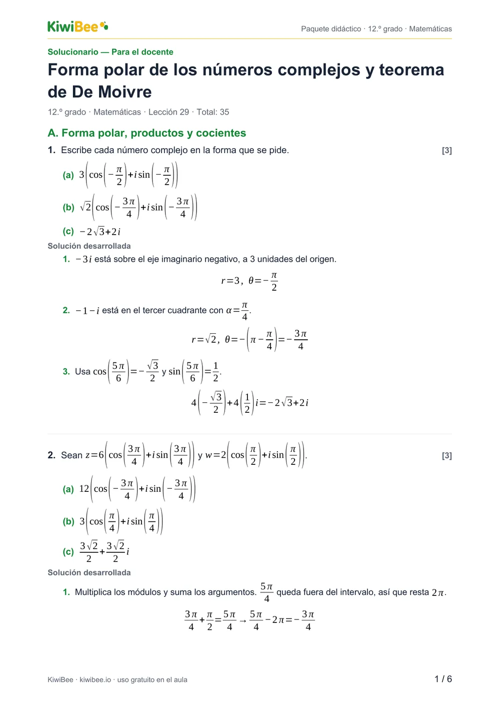 Forma polar de los números complejos y teorema de De Moivre — Solucionario, página 1