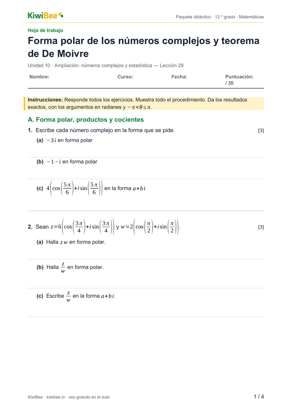 Forma polar de los números complejos y teorema de De Moivre — Hoja de trabajo, página 1
