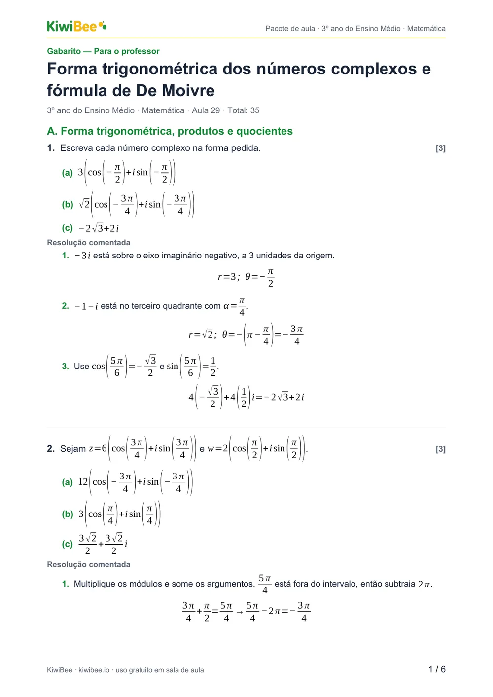 Forma trigonométrica dos números complexos e fórmula de De Moivre — Gabarito, página 1