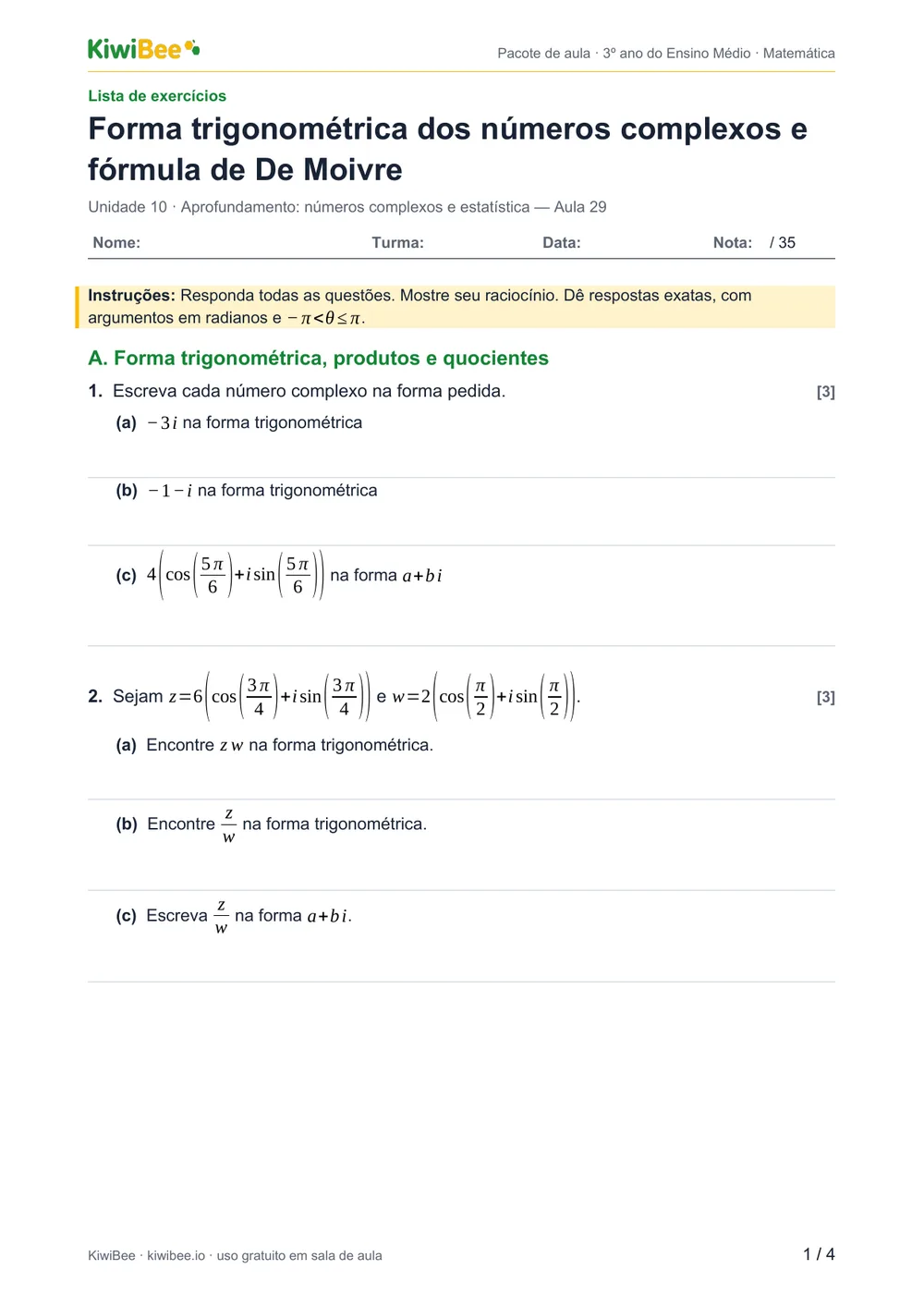 Forma trigonométrica dos números complexos e fórmula de De Moivre — Lista de exercícios, página 1
