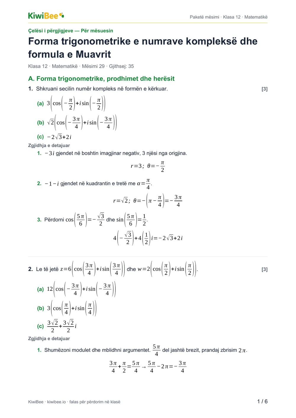 Forma trigonometrike e numrave kompleksë dhe formula e Muavrit — Çelësi i përgjigjeve, faqja 1