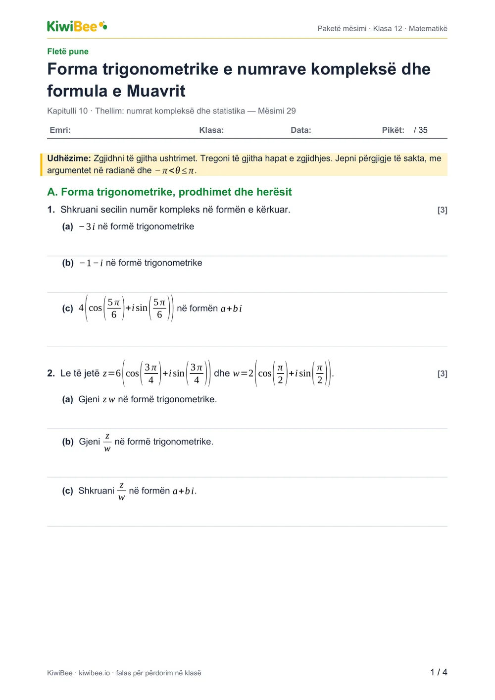Forma trigonometrike e numrave kompleksë dhe formula e Muavrit — Fleta e punës, faqja 1