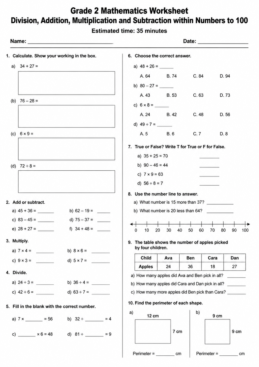 Grade 2 Division, addition,multiplication and subtraction within numbers to100 Maths Worksheet