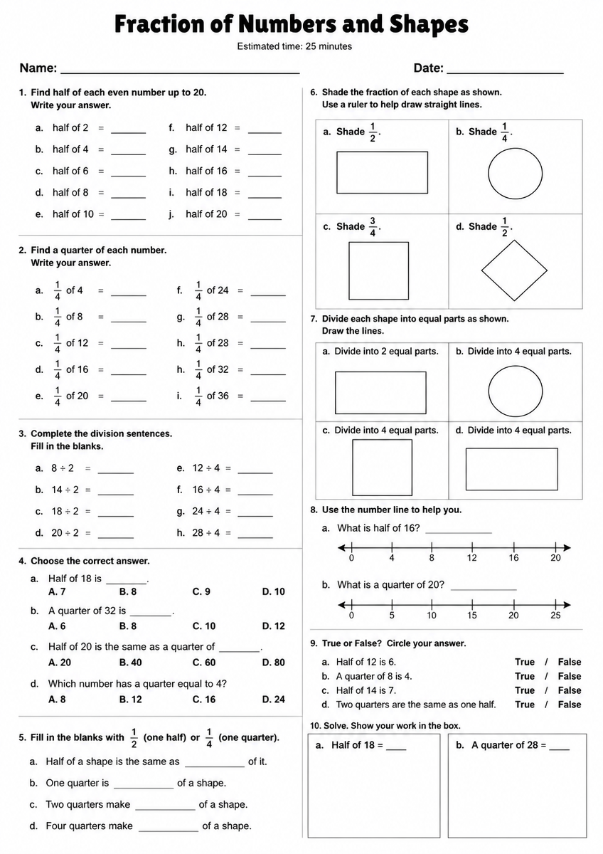 Grade 2 Fraction of numbers and shapes Maths Worksheet