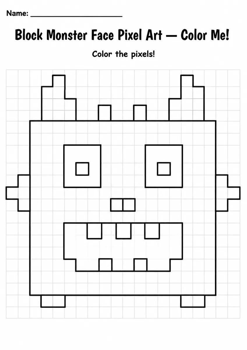 Block Monster Face Pixel Art Coloring Page