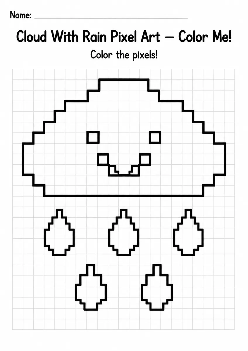 Cloud With Rain Pixel Art Coloring Page