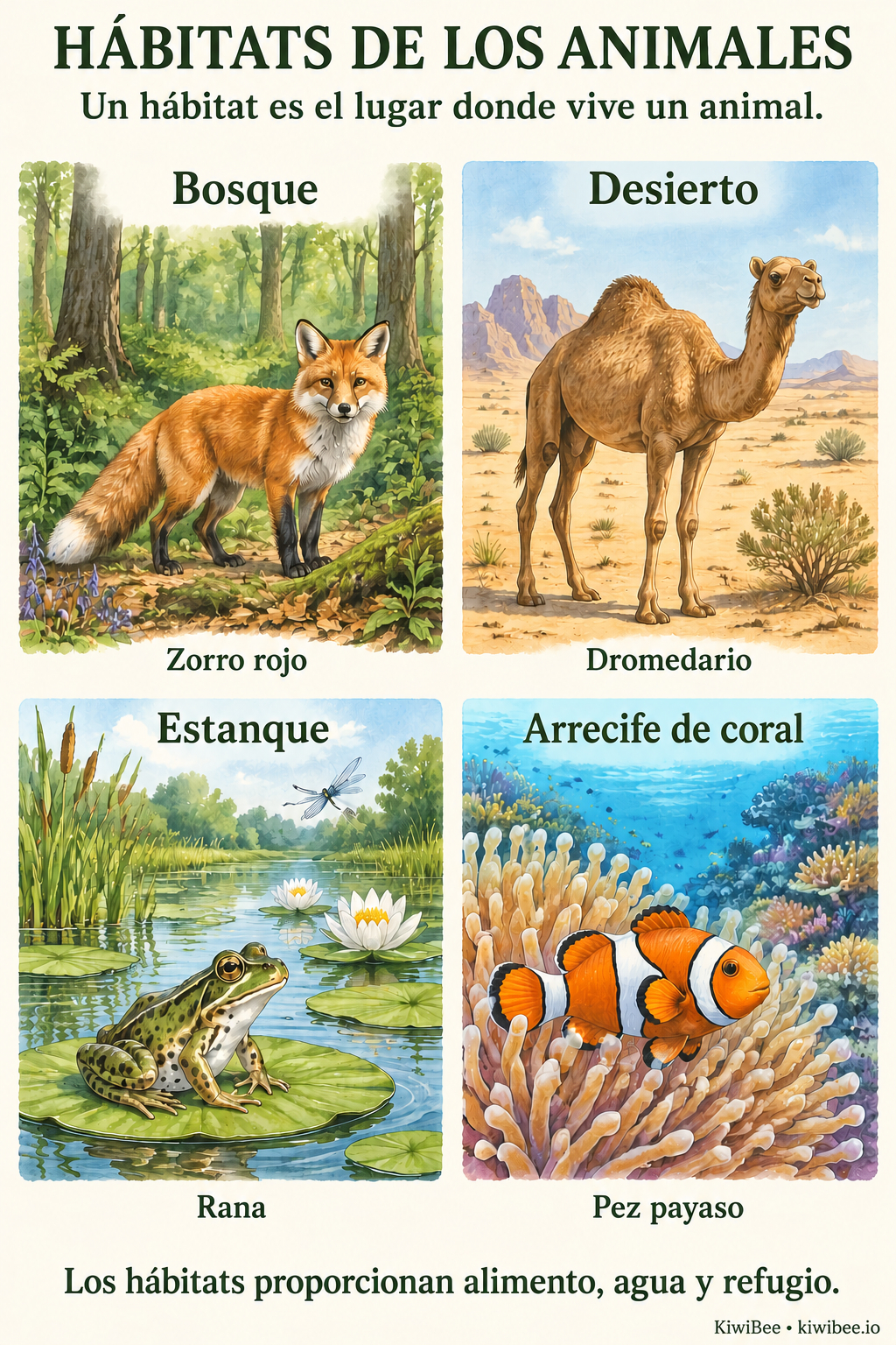 Hábitats de los animales: cartel ilustrado