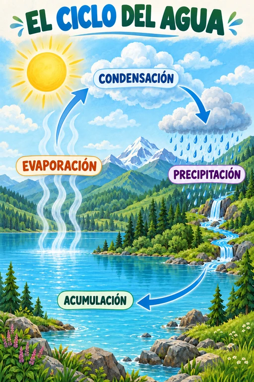 Póster del ciclo del agua entre montañas y un lago