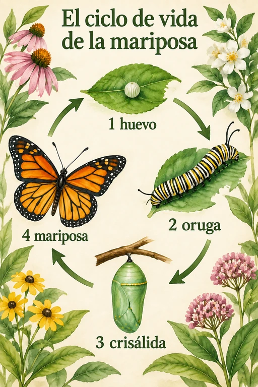 Póster del ciclo de vida de la mariposa en acuarela botánica
