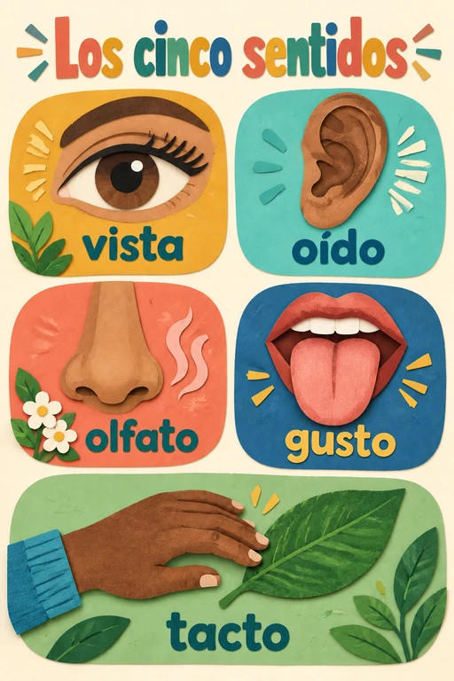 Póster de los cinco sentidos en collage de papel