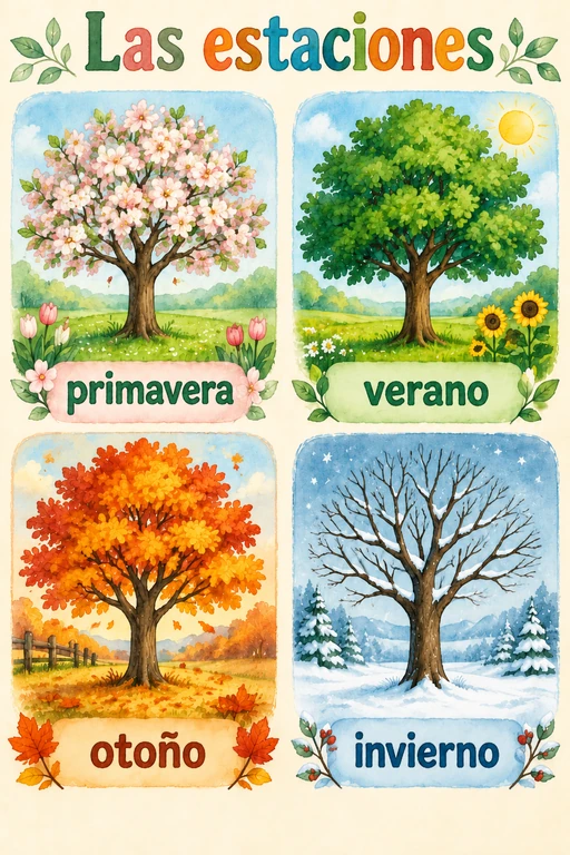 Póster de las cuatro estaciones en acuarela botánica