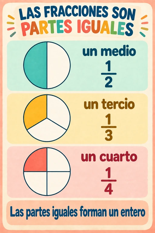 Póster de fracciones y partes iguales en gouache