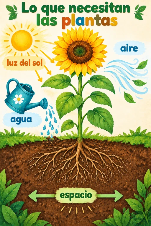 Póster de las necesidades de las plantas con girasol en gouache