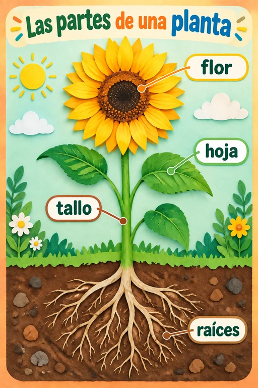 Póster de las partes de una planta con girasol de papel recortado
