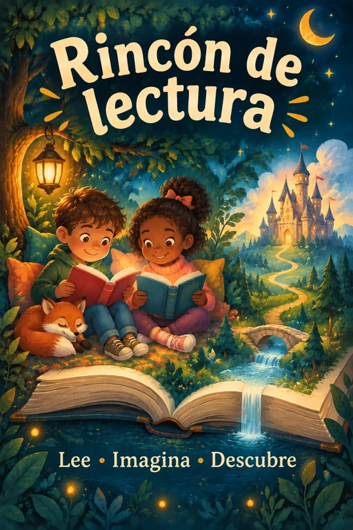 Póster Rincón de lectura en un bosque mágico