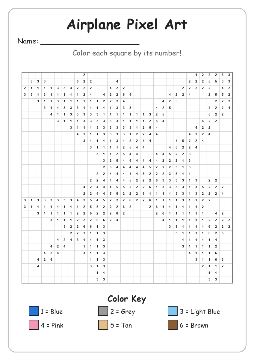 Airplane Pixel Art — Color by Number (Grade 2)