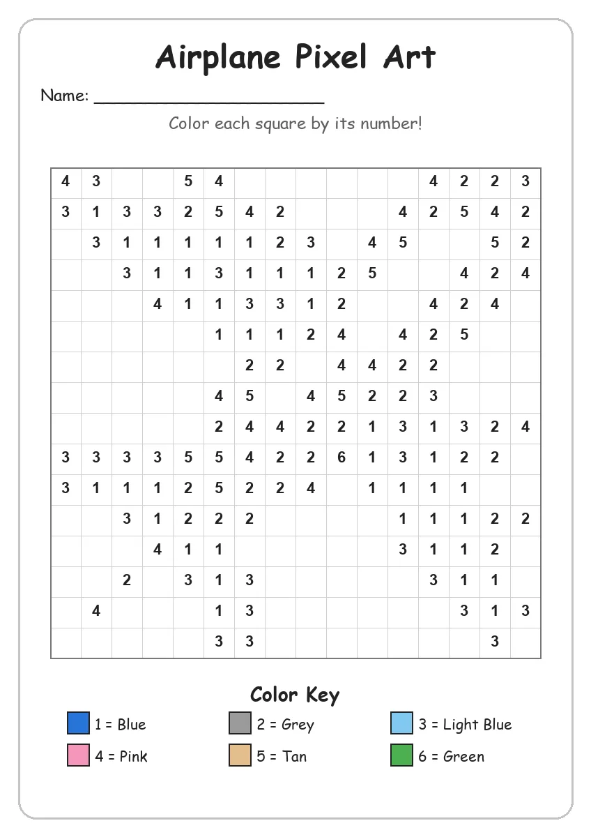 Airplane Pixel Art — Color by Number (Kindergarten)