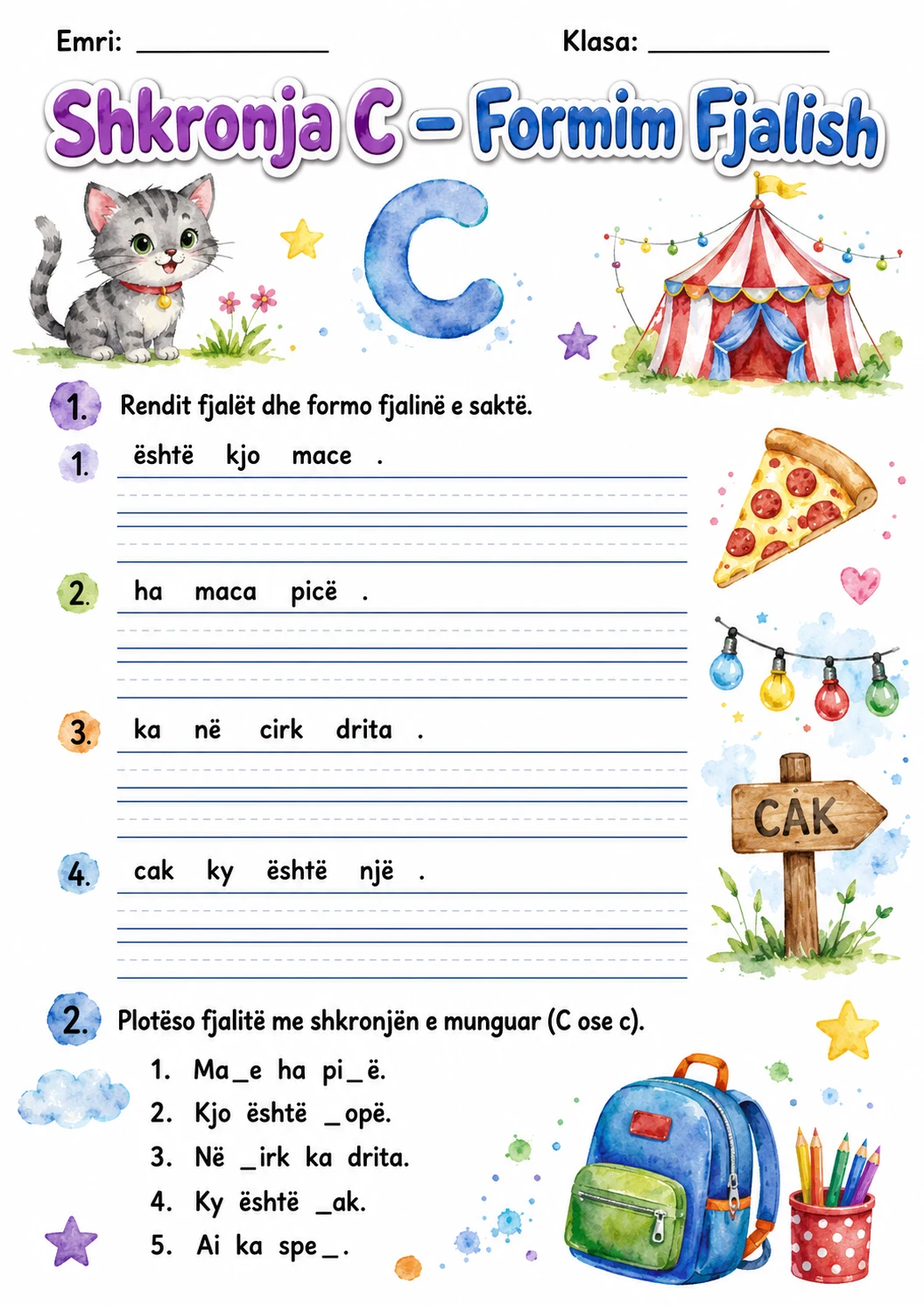 Albanian Letter C Phonics Worksheets Pack