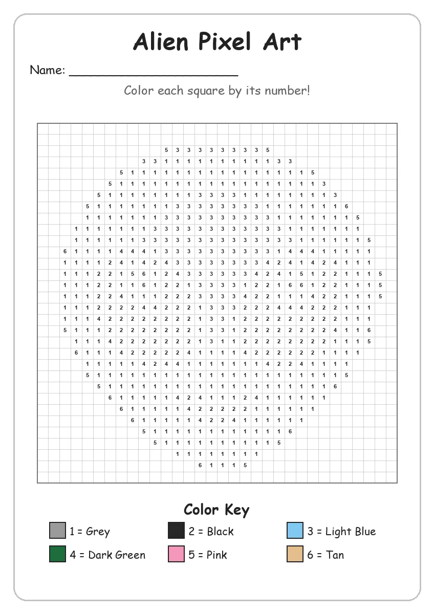 Alien Pixel Art — Color by Number (Grade 2)