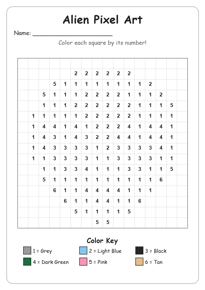 Alien Pixel Art — Color by Number (Kindergarten)