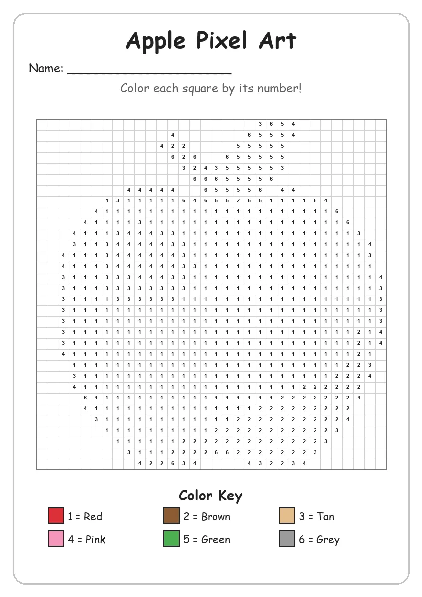 Apple Pixel Art — Color by Number (Grade 2)