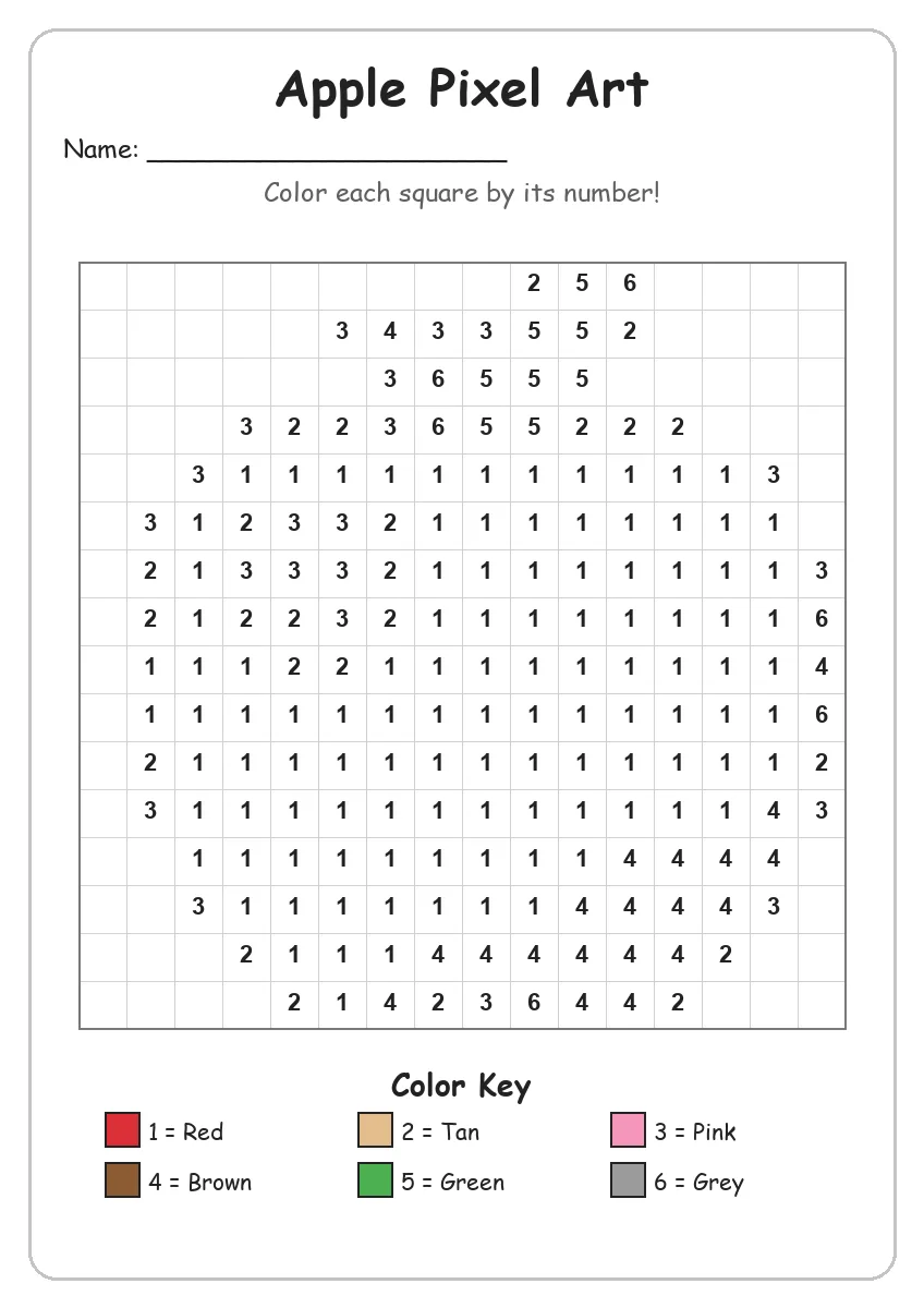 Apple Pixel Art — Color by Number (Kindergarten)