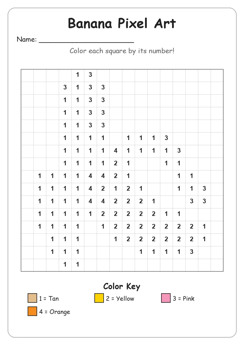 Banana Pixel Art — Color by Number (Kindergarten)