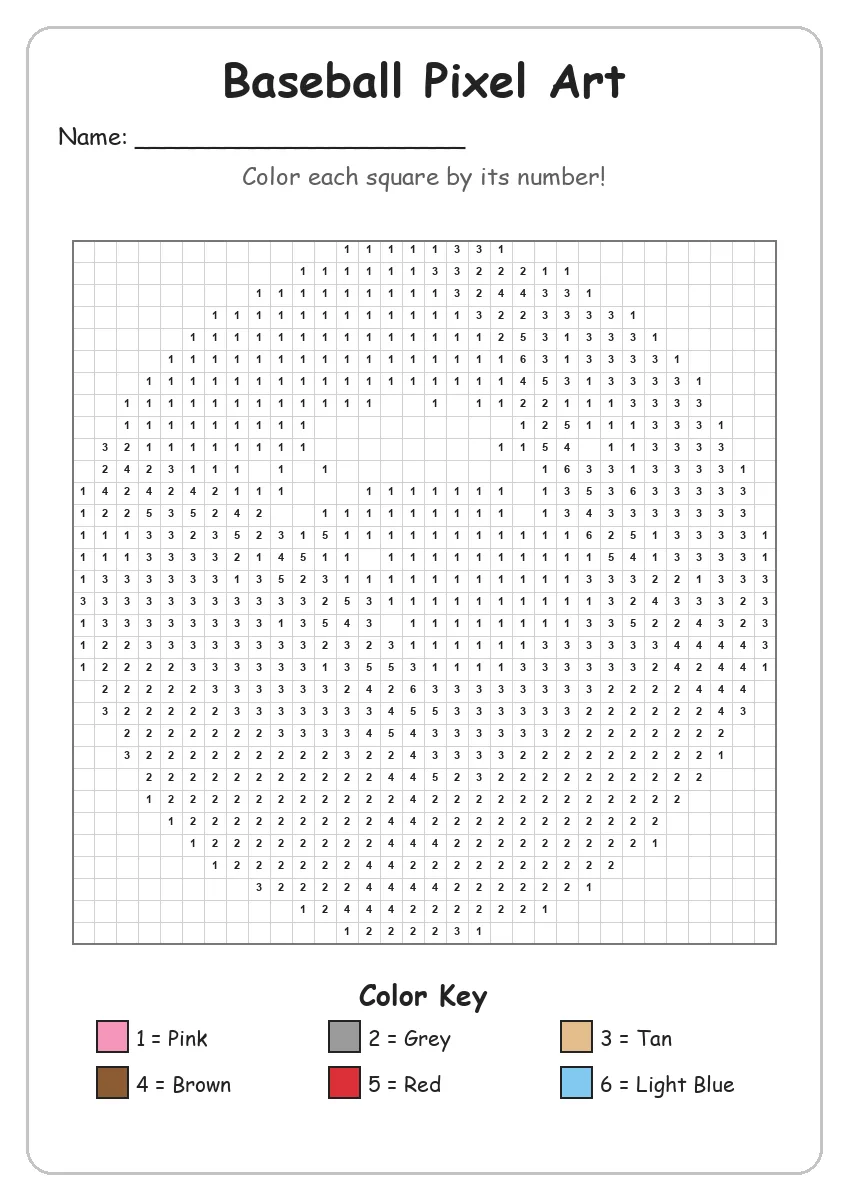 Baseball Pixel Art — Color by Number (Grade 2)