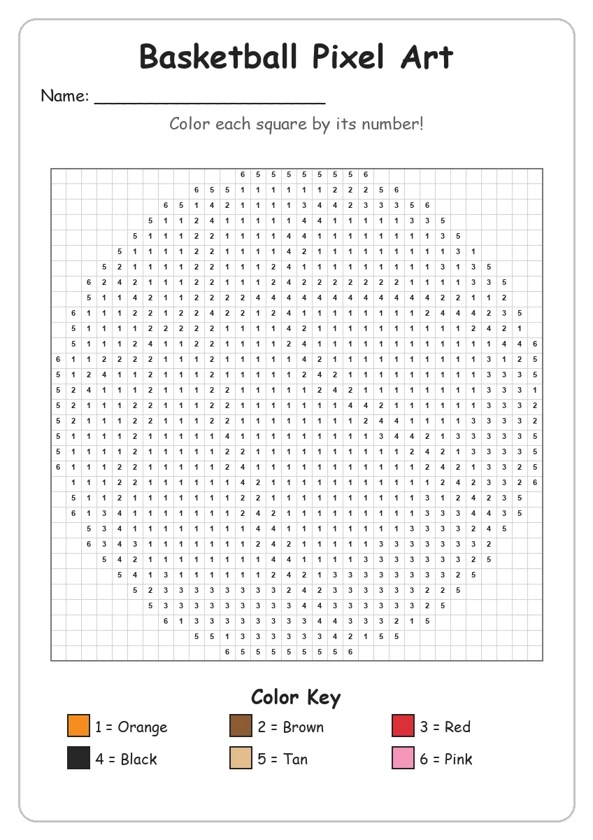 Basketball Pixel Art — Color by Number (Grade 2)