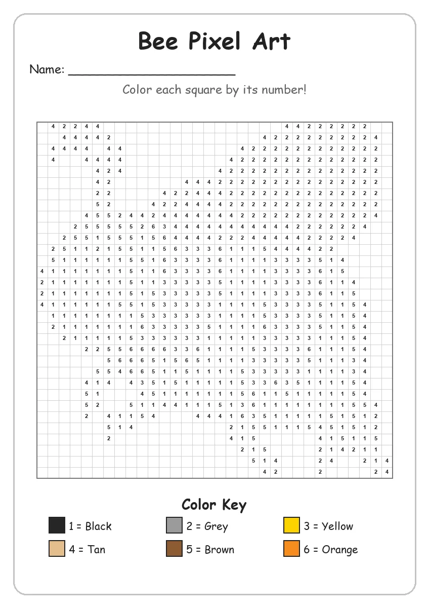 Bee Pixel Art — Color by Number (Grade 2)