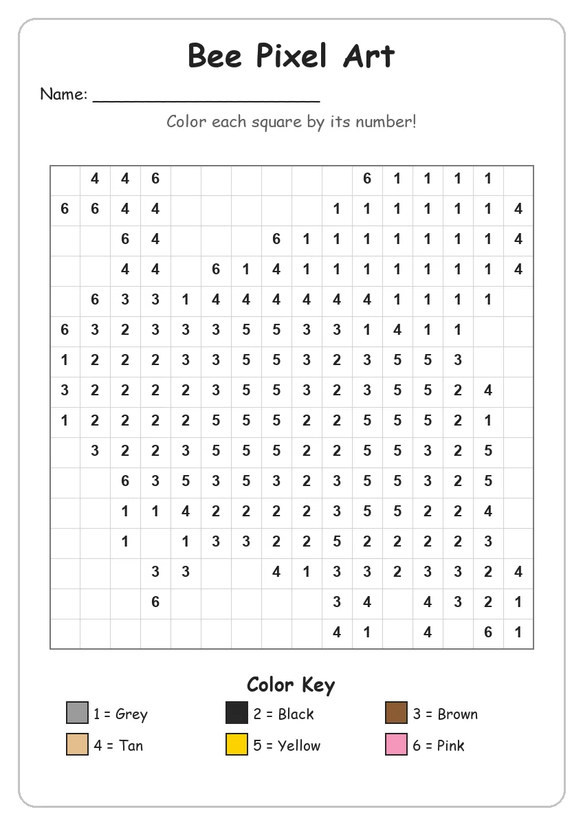 Bee Pixel Art — Color by Number (Kindergarten)