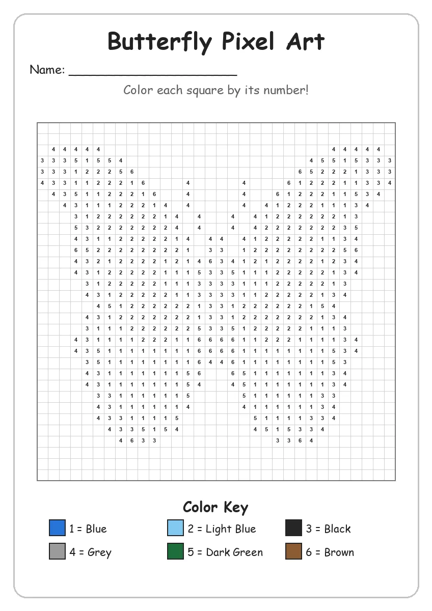 Butterfly Pixel Art — Color by Number (Grade 2)