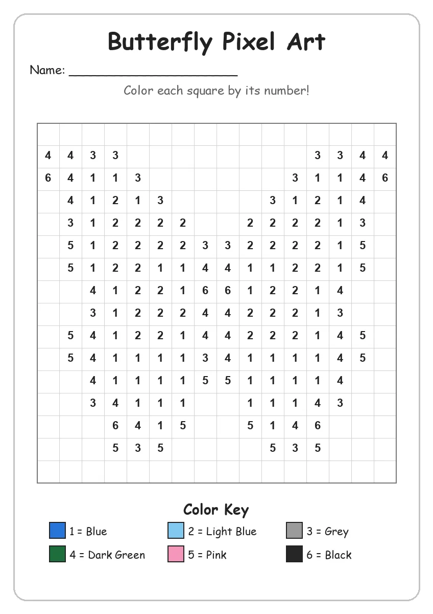 Butterfly Pixel Art — Color by Number (Kindergarten)