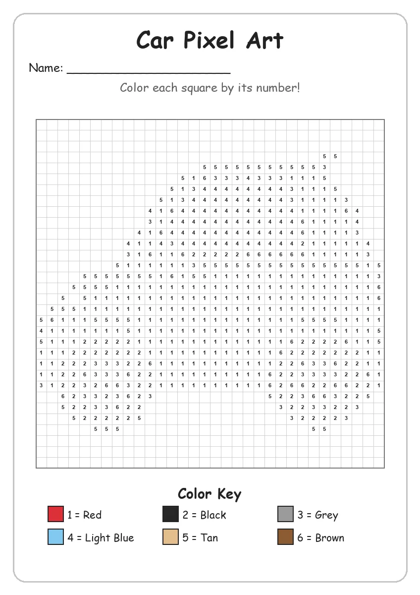 Car Pixel Art — Color by Number (Grade 2)