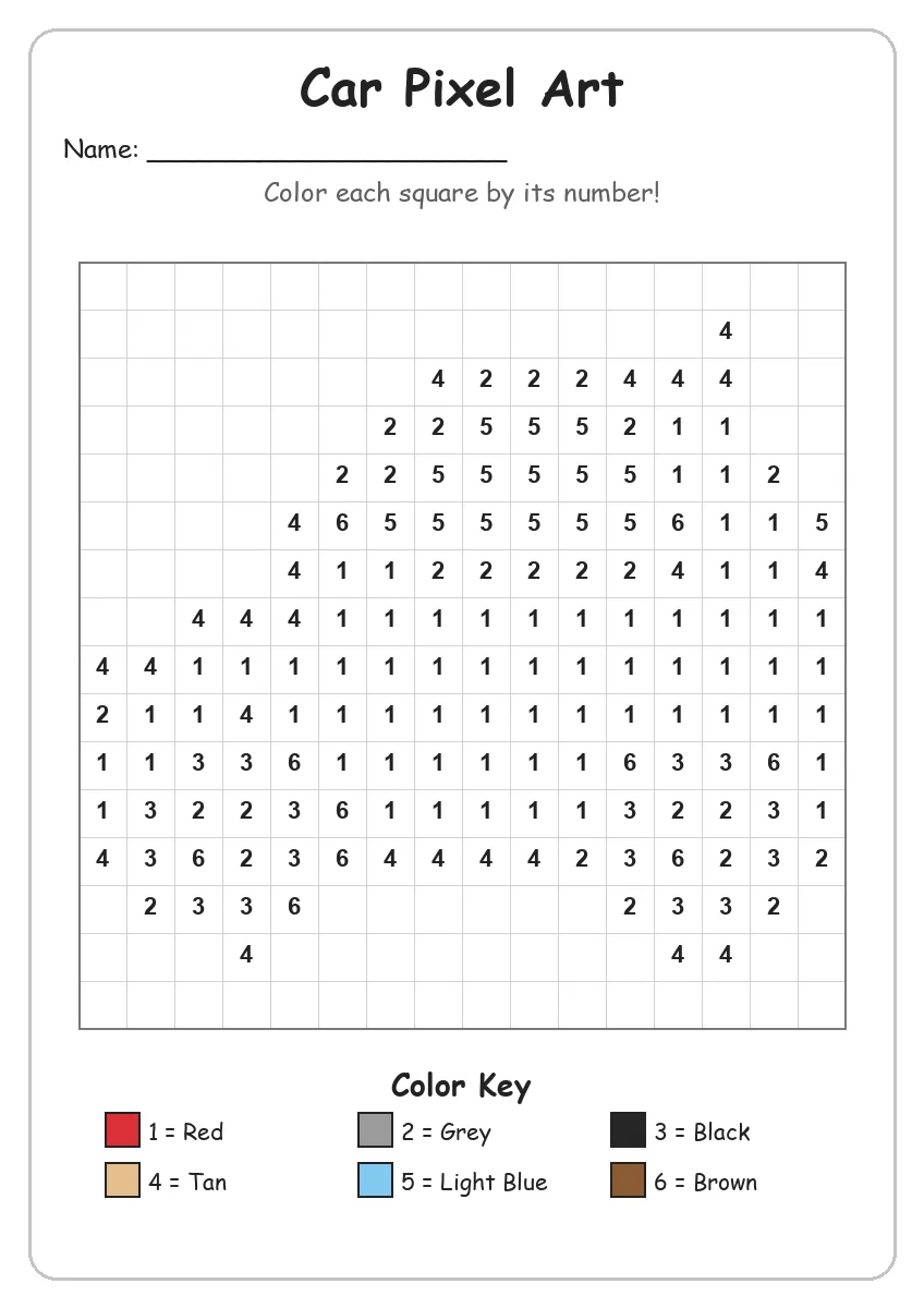 Car Pixel Art — Color by Number (Kindergarten)